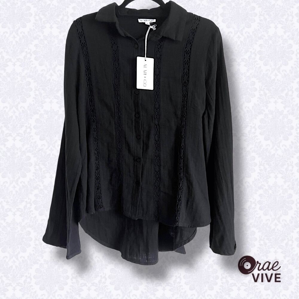 AEMI+CO L Large Black Blouse Button Down Hi-Low Hem Crochet Detail 100% Cotton